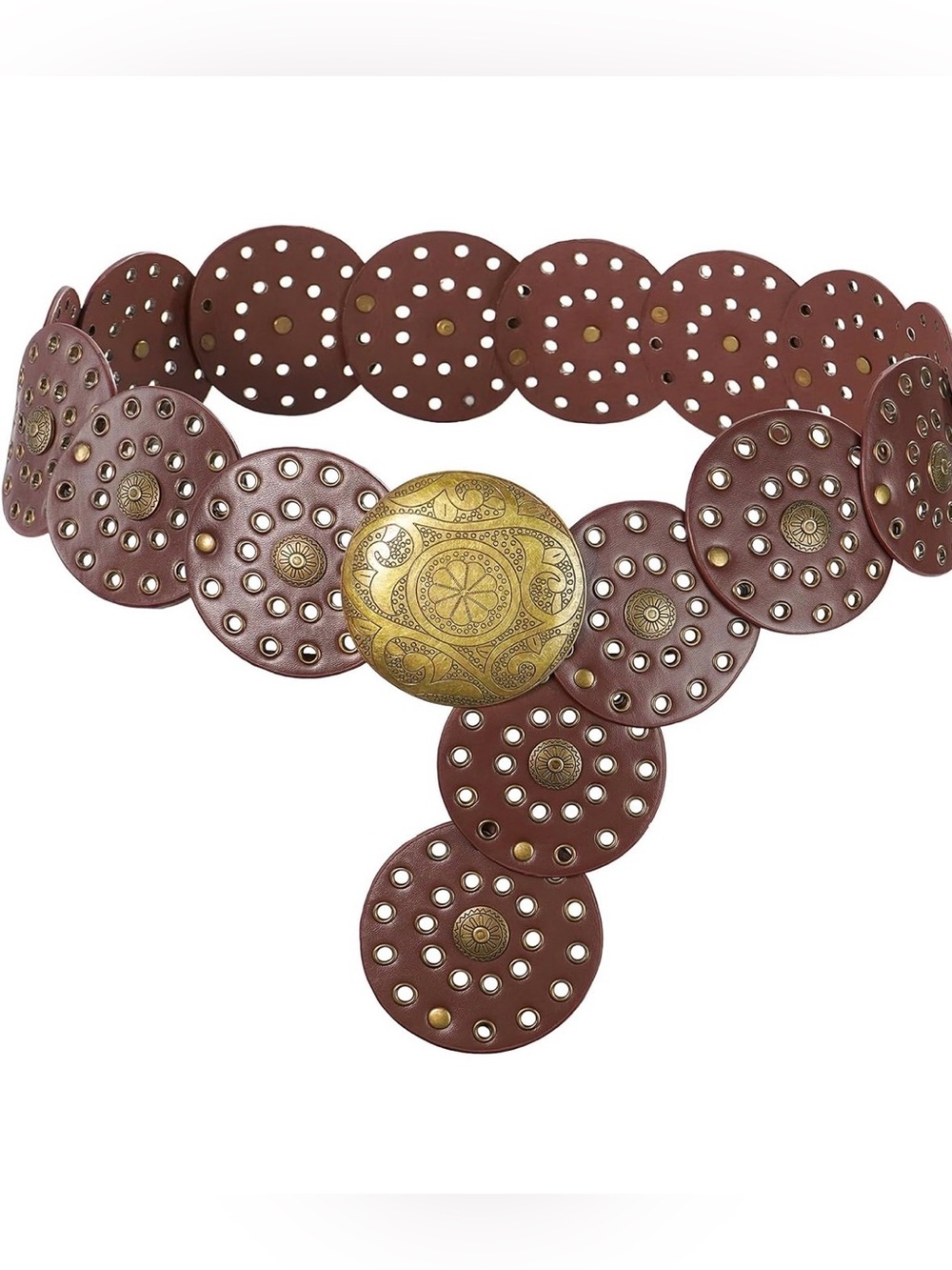 Women's Brown Leather Disc Belt with Gold Medallion